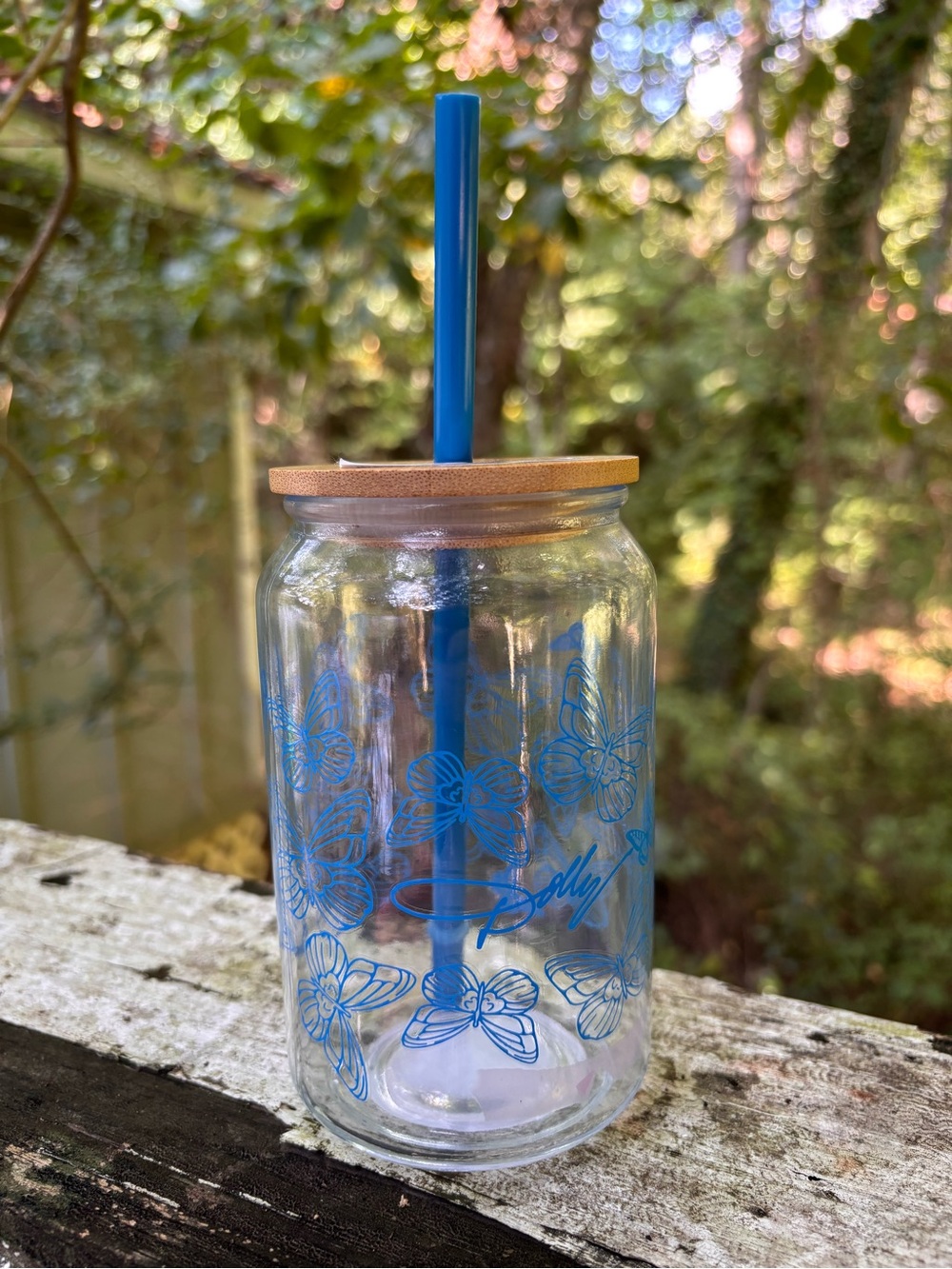 Dolly Glass Cup w/Straw Butterflies Peri Blue NWT Unused